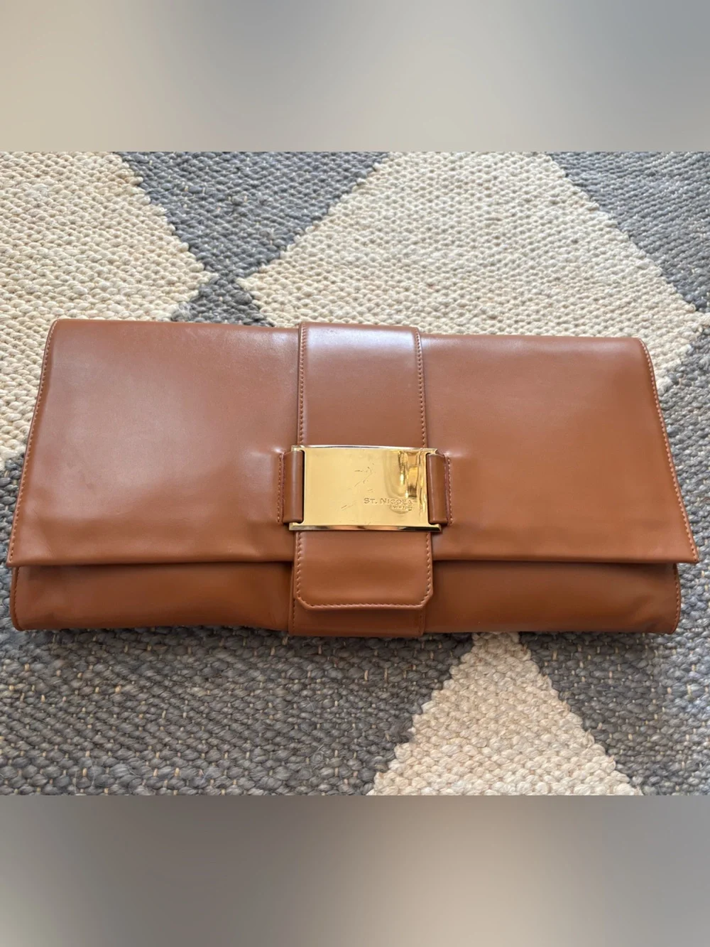 Brown Leather Clutch with Gold Hardware Oversized